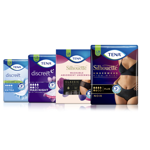 Vasemmalta: TENA Discreet Extra, TENA Discreet Maxi Night, pestävät TENA Silhouette inkontinenssihousut Classic ja pestävät TENA Silhouette inkontinenssihousut korkealla vyötäröllä. Vasemmalta: TENA Discreet Extra, TENA Discreet Maxi Night, pestävät TENA Silhouette inkontinenssihousut Classic ja pestävät TENA Silhouette inkontinenssihousut korkealla vyötäröllä.